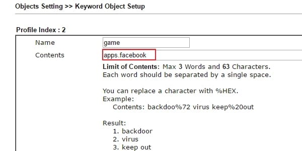 creating a keyword object for facebook app